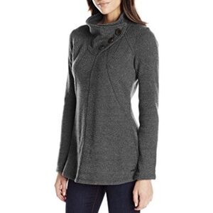Prana Sweater Tunic Cowl Neck Asymmetrical Button Textured Wool Knit Ebba Gray S